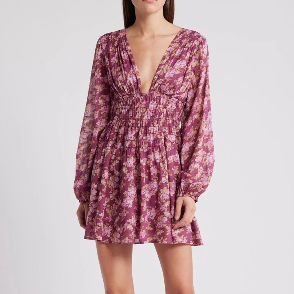 Free People Maive Long Sleeve Mauve ORANGE Floral Mini Dress Ruching NEW